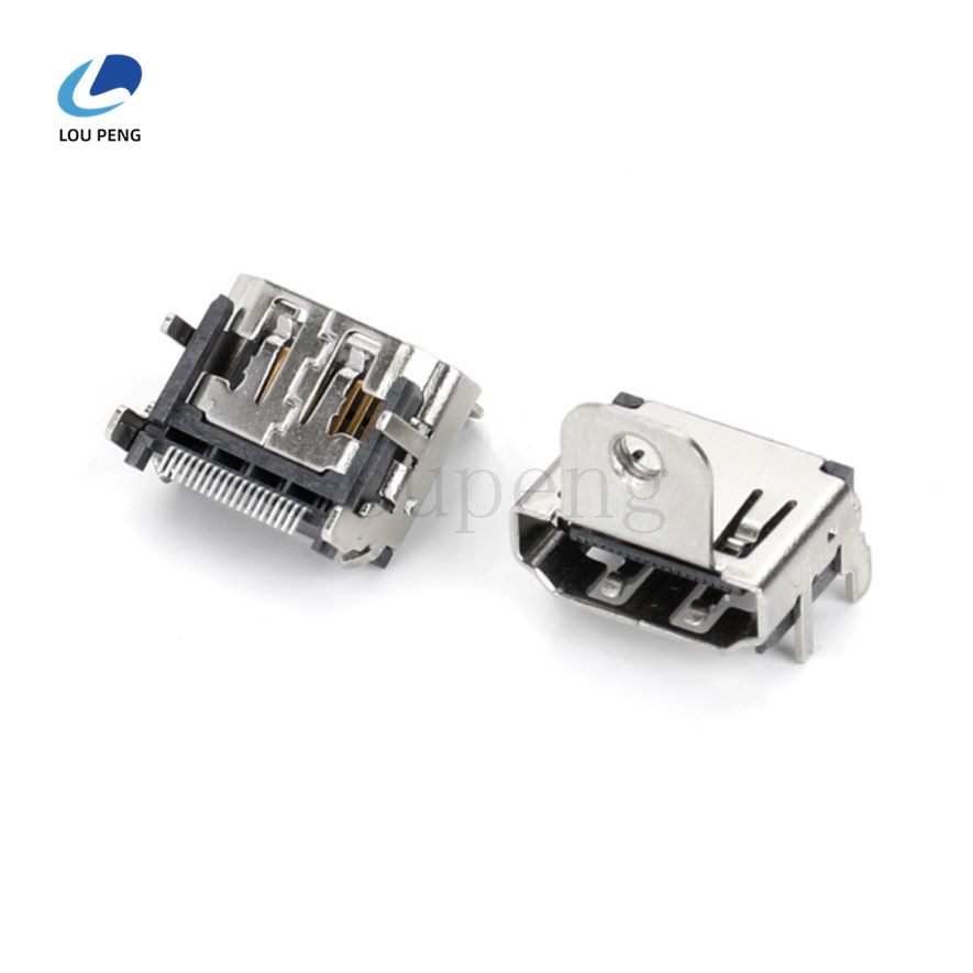 HDMISMTMolding式四直脚四反向弹片,脚长2.0,侧模印，螺孔高11.3，胶无柱端子半金雾锡1u