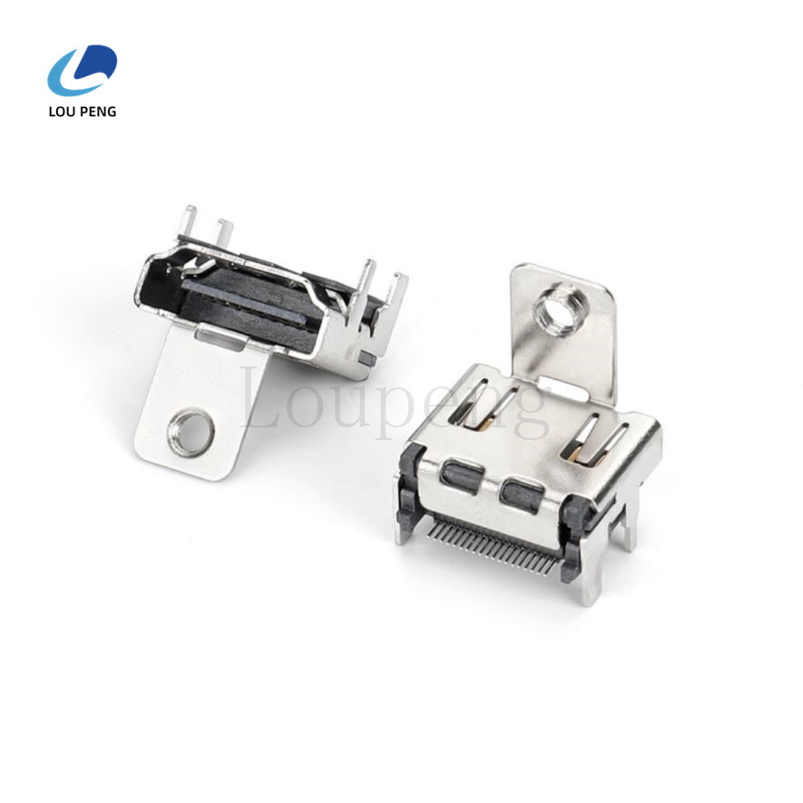 HDMISMT刺破式铜壳镀镍螺孔高13.38四直脚四弹片脚加宽无小耳朵端子GF