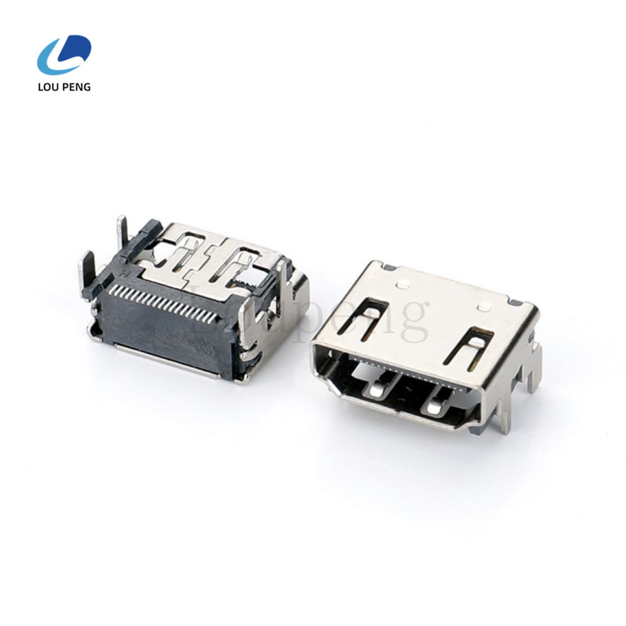 HDMITYPEAF90度插板式LCP黑胶端子SMT半金GF铁壳镀镍