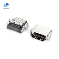 HDMI正向沉板铜壳镀镍窗口斜口两K脚两直脚，壳面模印，中心高度0.83外壳总长12.05端子间距1.5半金雾锡1u