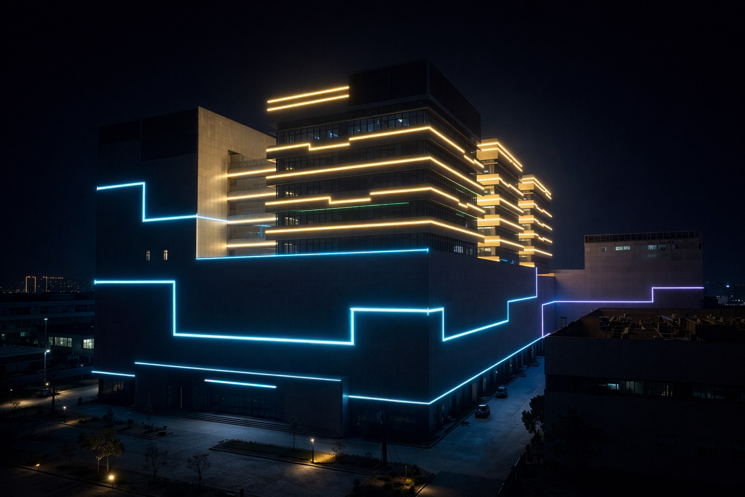 Dynamic facade illumination inspired by electronic circuit boards design