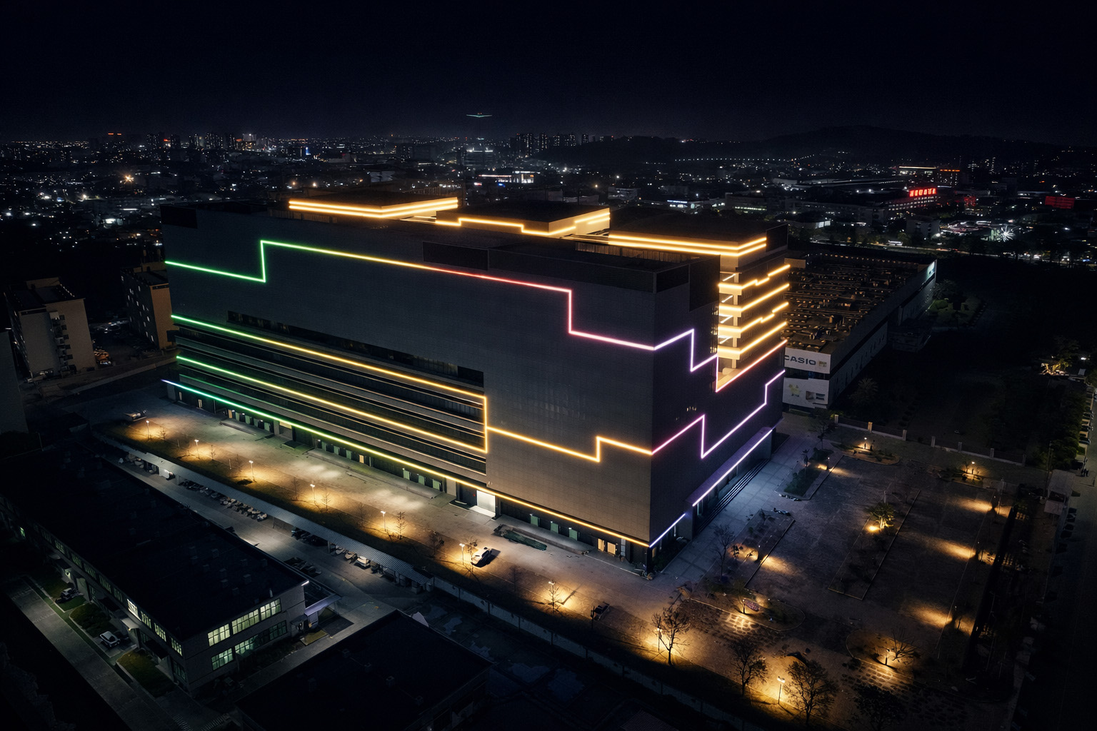LED building mood lighting and light flows for tech park commercial facade