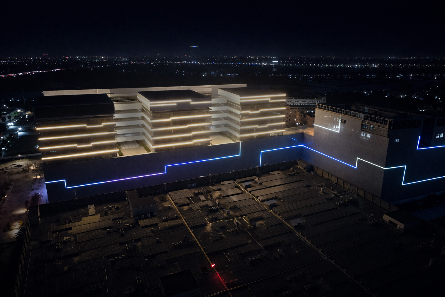 DMX512 controlled LED pixel dots and linear lights on commercial building facade