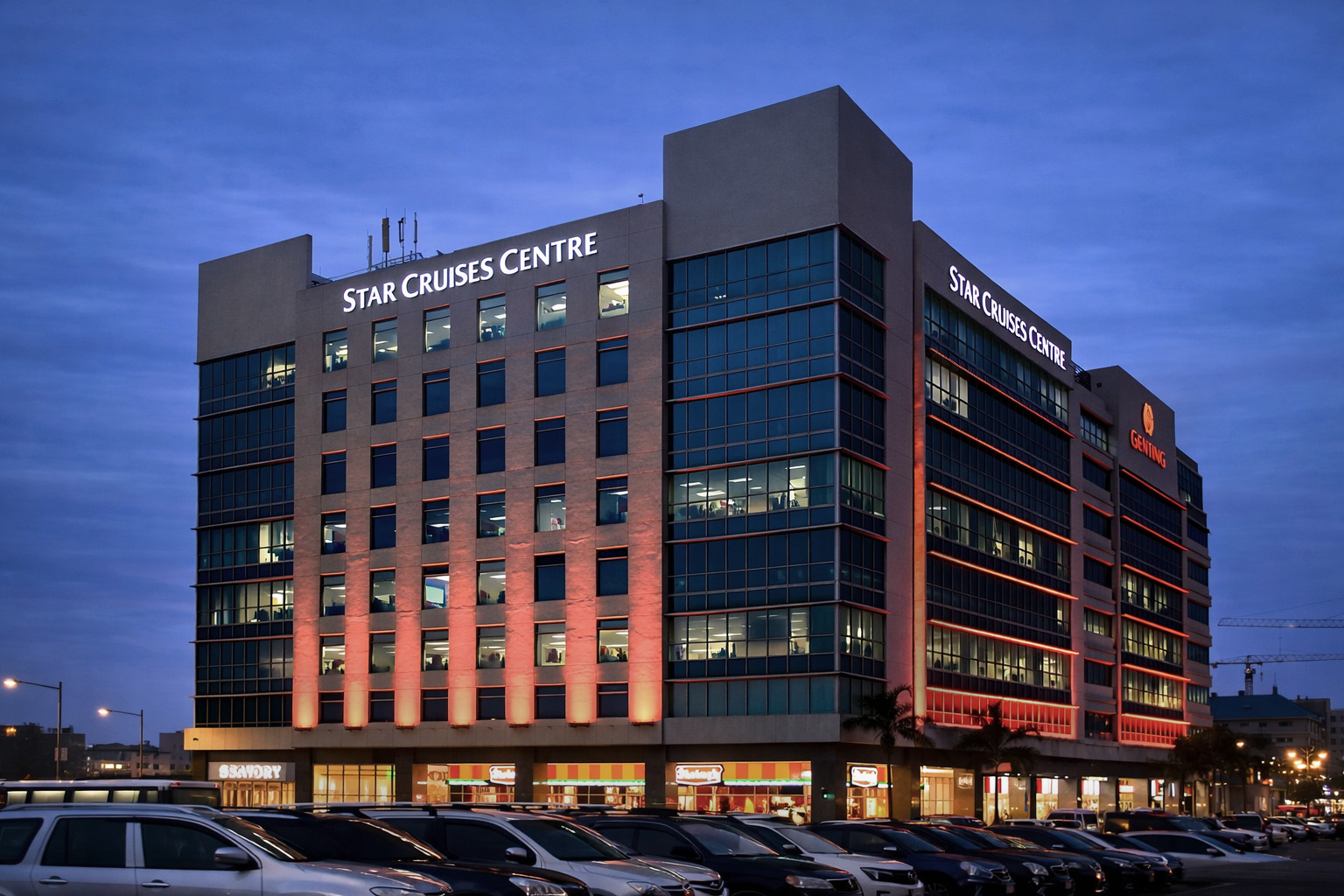 DMX512 controlled RGB LED wall washers highlighting building spatial depth