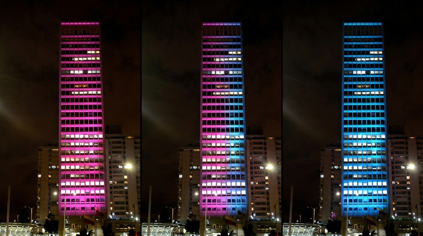 Urban night illumination creating an iconic landmark in Bogota Colombia