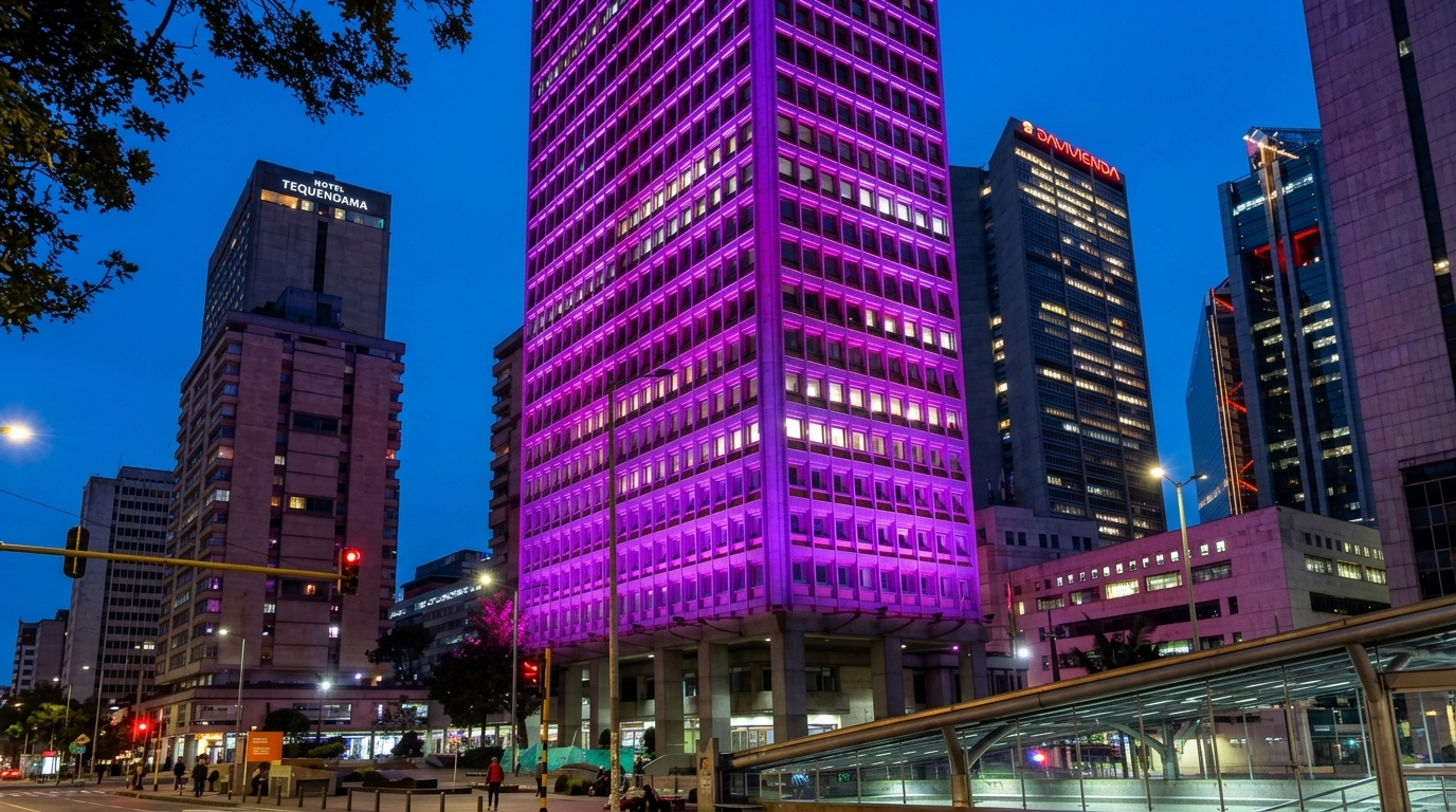 High-power narrow-angle floodlights illuminating commercial building exterior