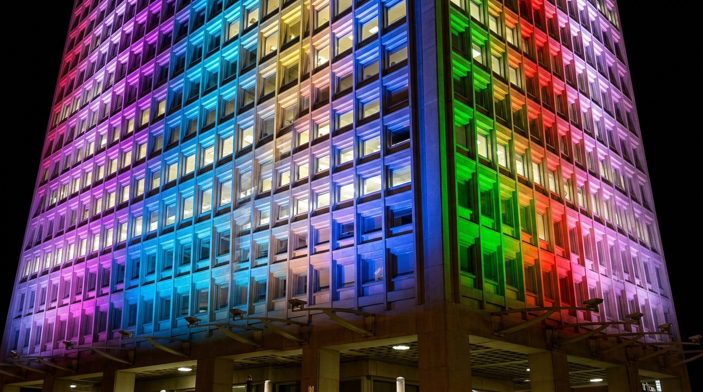 Dynamic DMX512 controlled architectural lighting on skyscraper facade