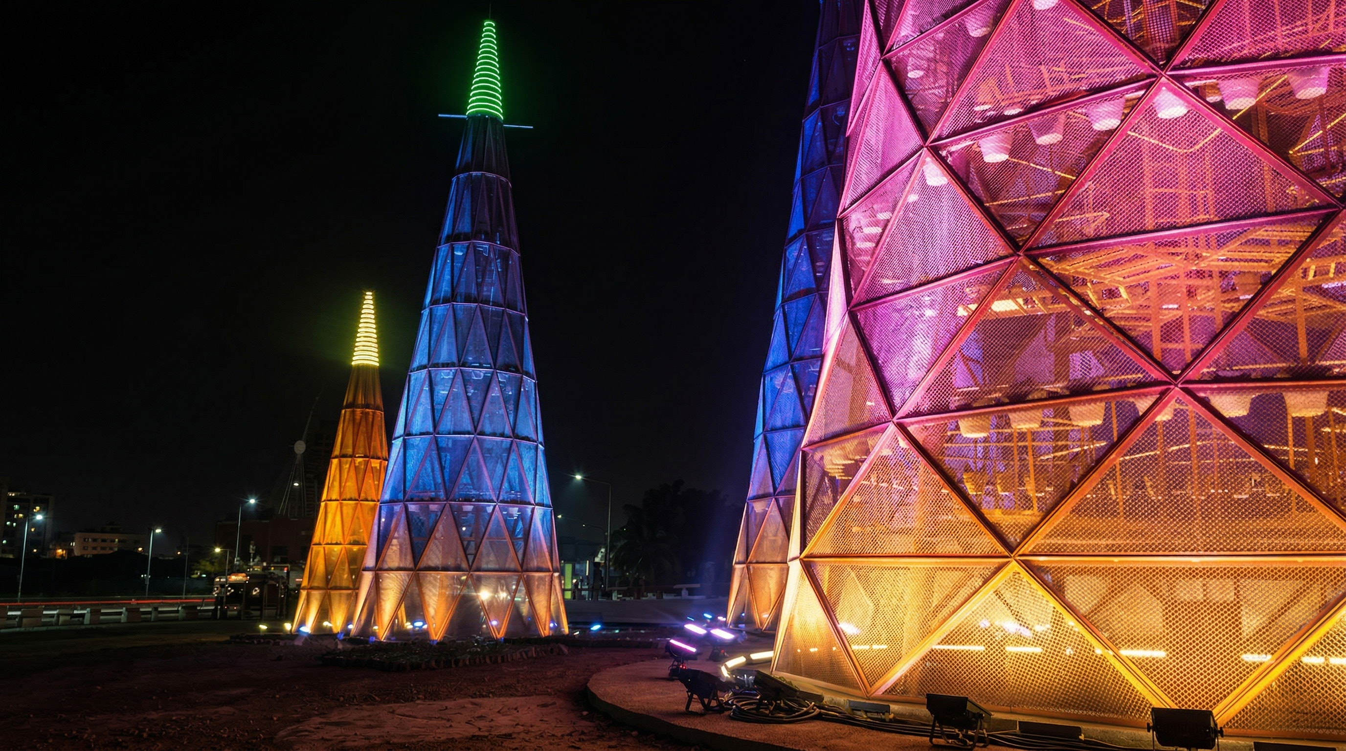 7 Colorful Conical Light Towers dynamic facade illumination in Putrajaya