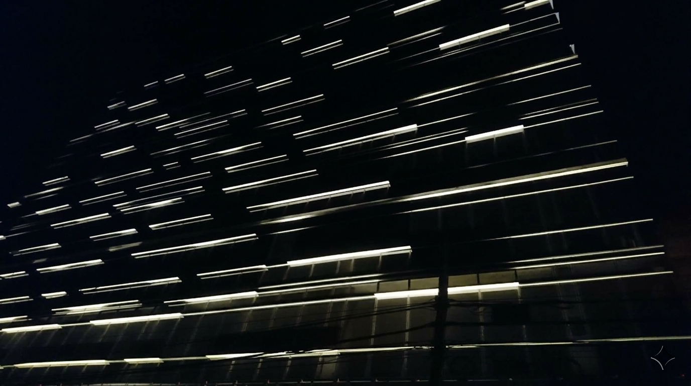 DMX512 controlled building illumination on modern geometric exterior