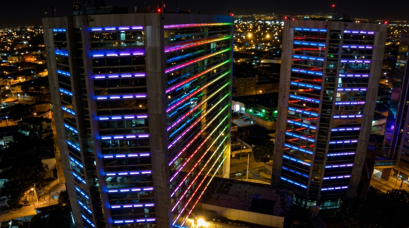 Vibrant LED line and point illumination on commercial building exterior