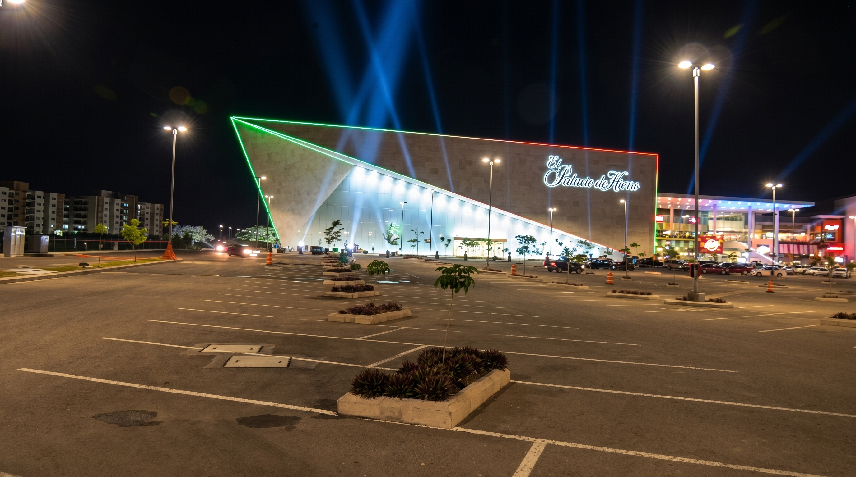 Vibrant LED line and wall washer illumination on commercial building exterior