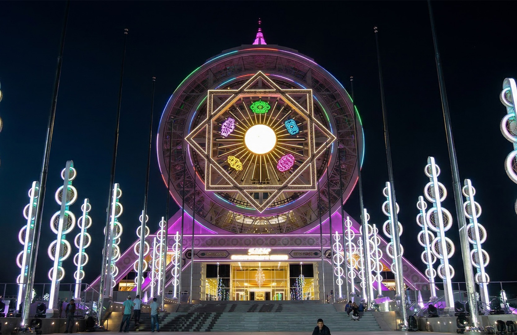 Dynamic multi-color RGBW floodlights accentuating national monument architectural depth