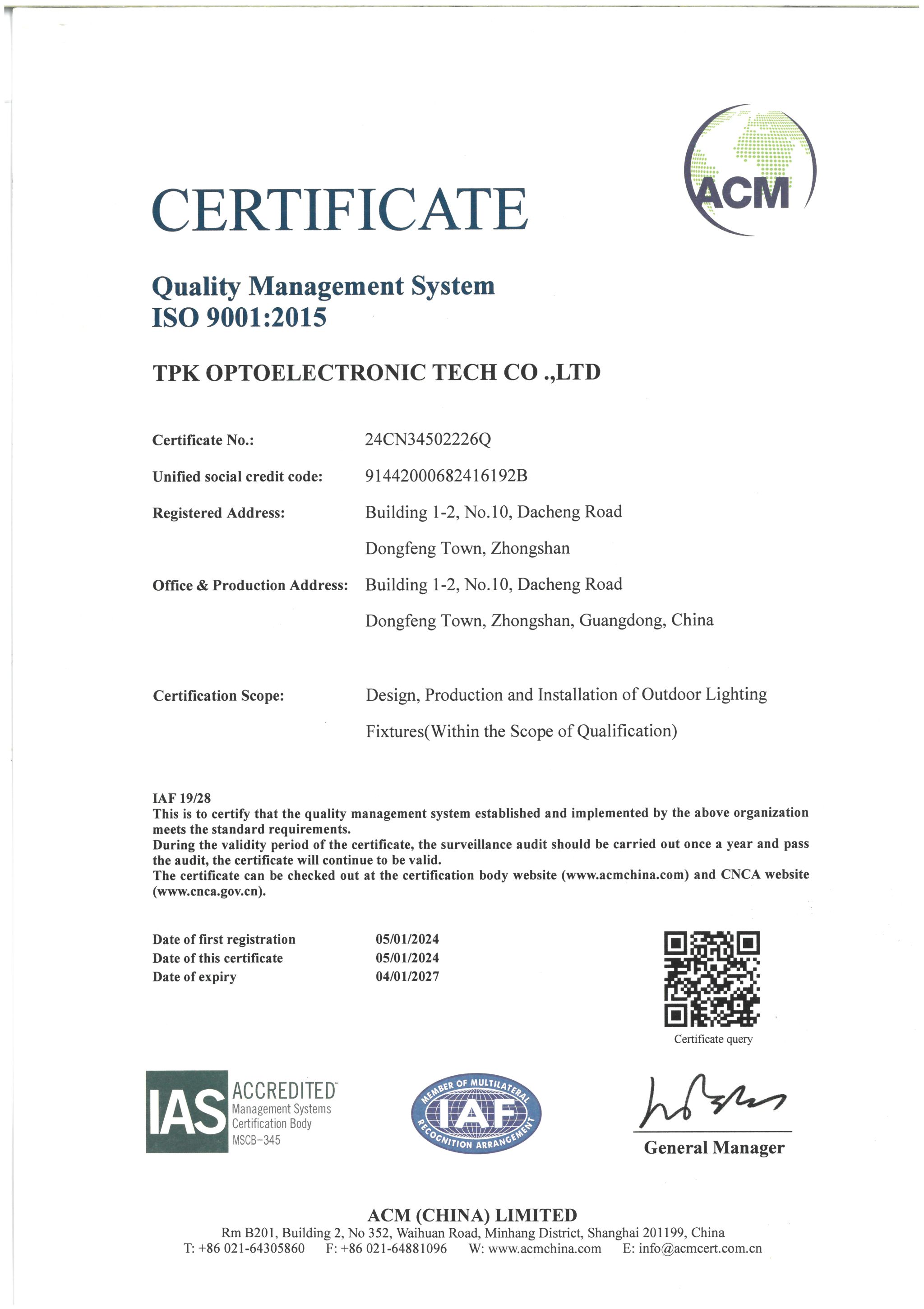 TPK ISO 9001 quality management system certificate issued by ACM