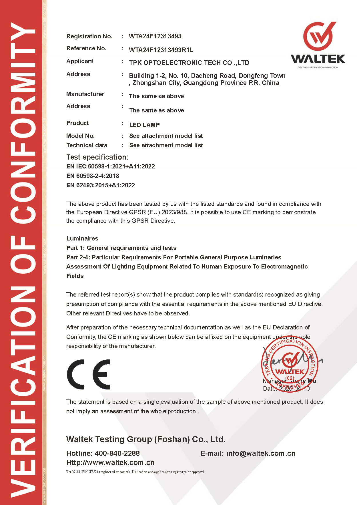 CE — Verification of Conformity (LED Flood Light) certificate for TPK outdoor LED lighting