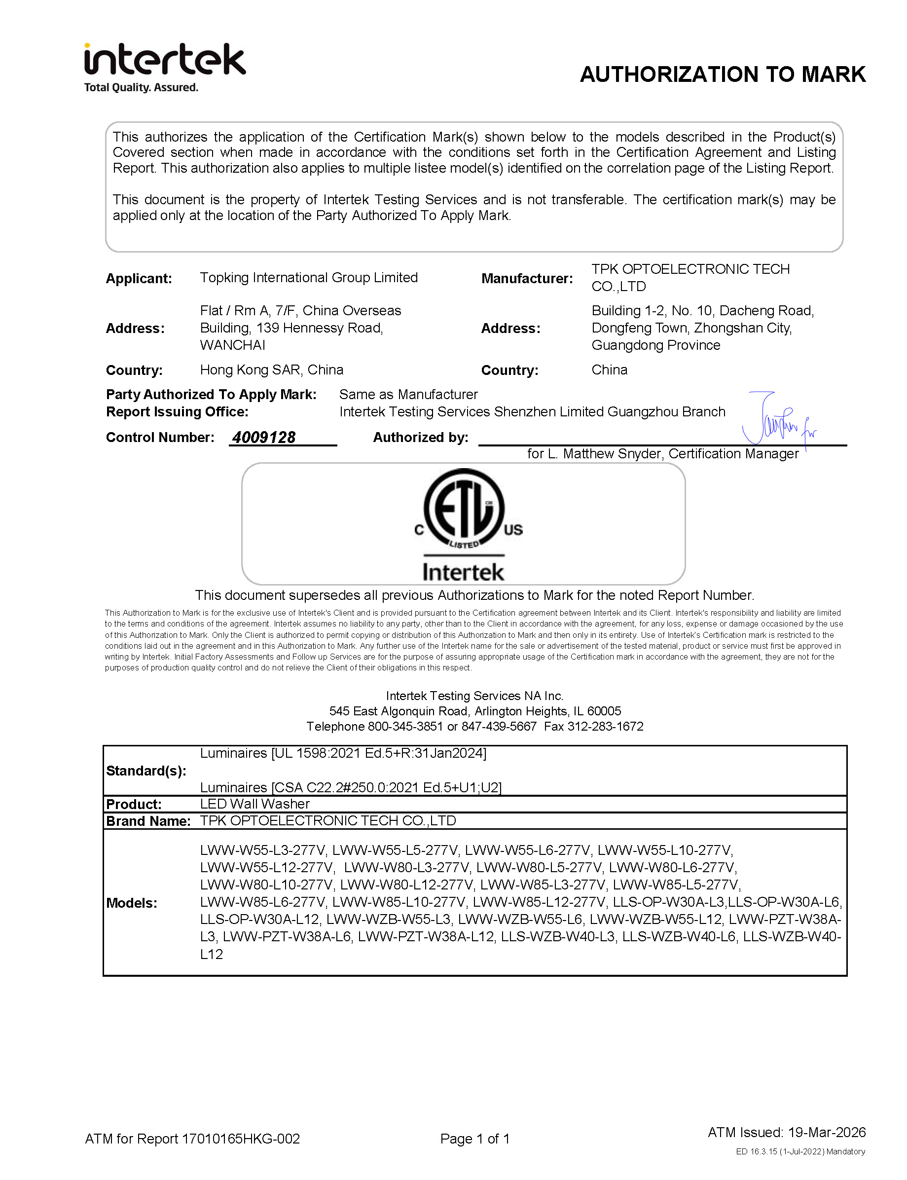 ETL Listed — LED Wall Washer 277V (UL 1598) certificate for TPK outdoor LED lighting