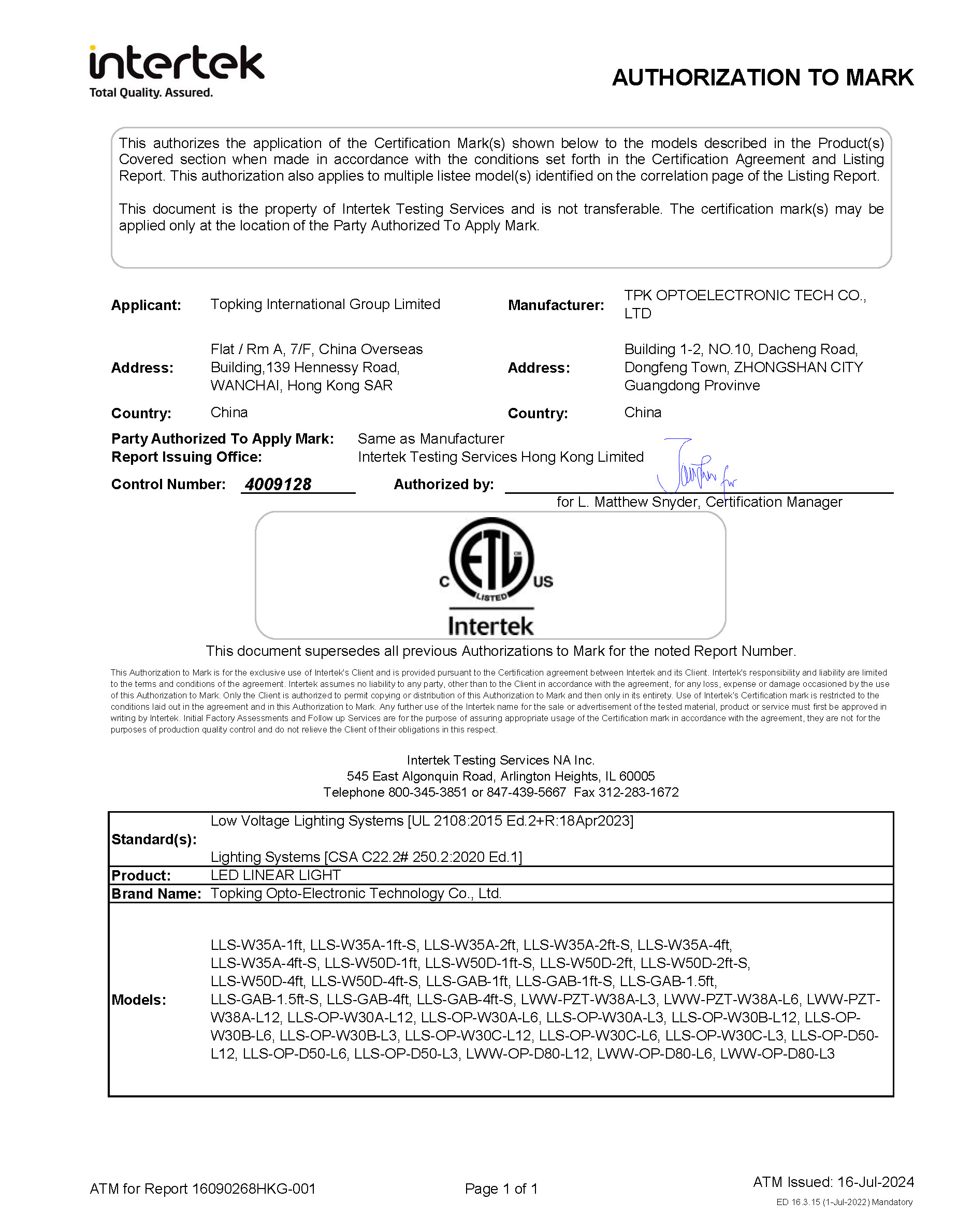 ETL Listed — Low Voltage Linear / Wall Washer (UL 2108) certificate for TPK outdoor LED lighting