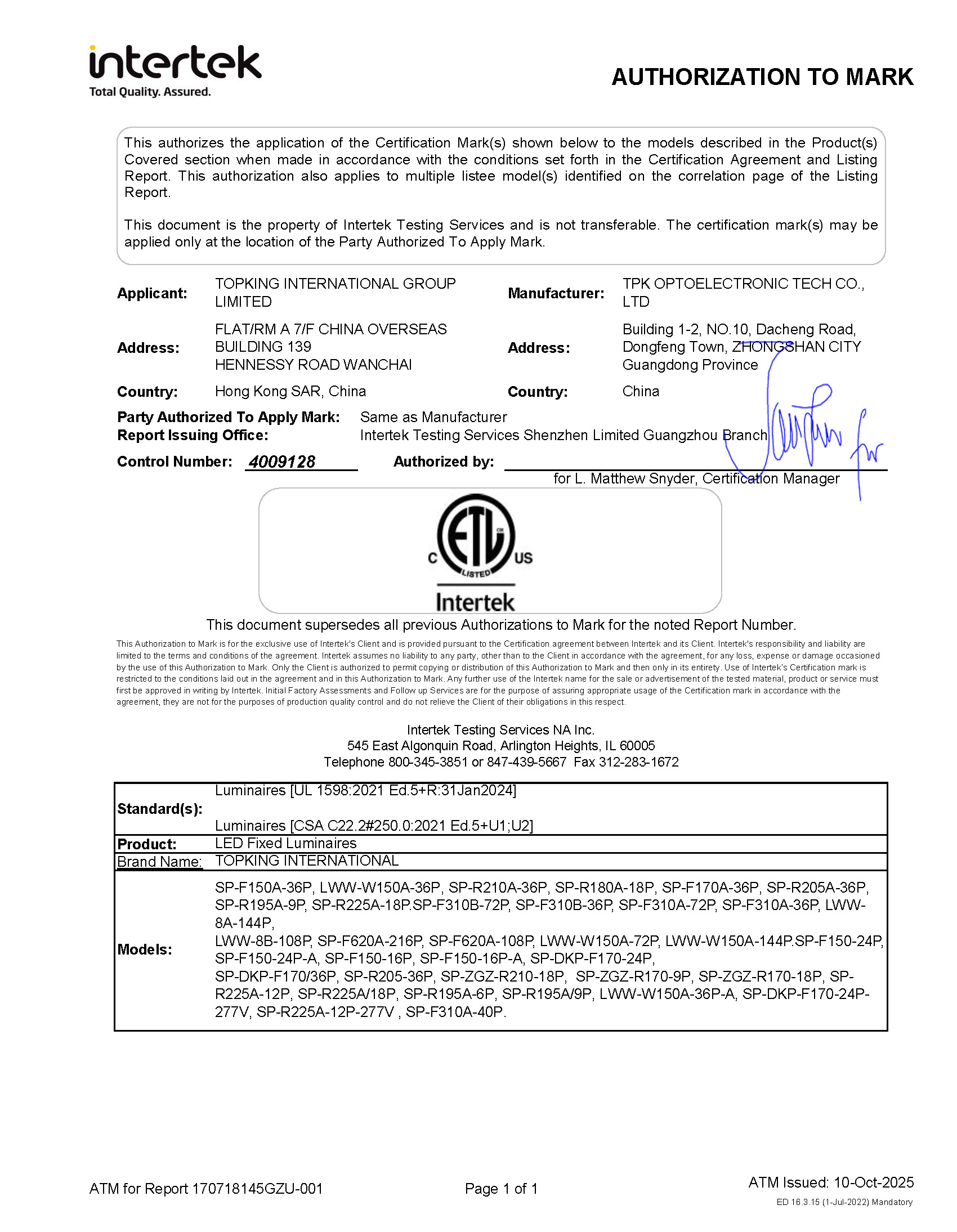 ETL Listed — LED Fixed Luminaires (UL 1598) certificate for TPK outdoor LED lighting