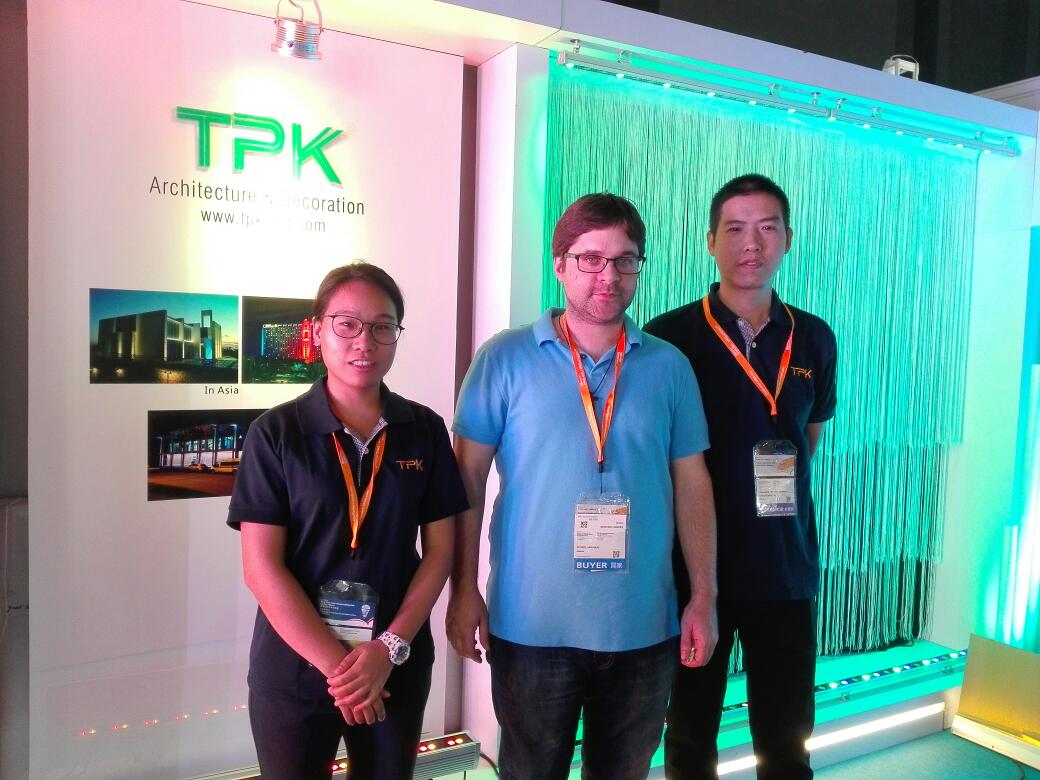 TPK Technical Director discussing lighting schematics and voltage drop calculations with foreign clients