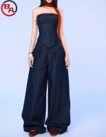 CustomApparelSupplierWomen'sDenimTubeTopVestLooseWideLegPantsSet