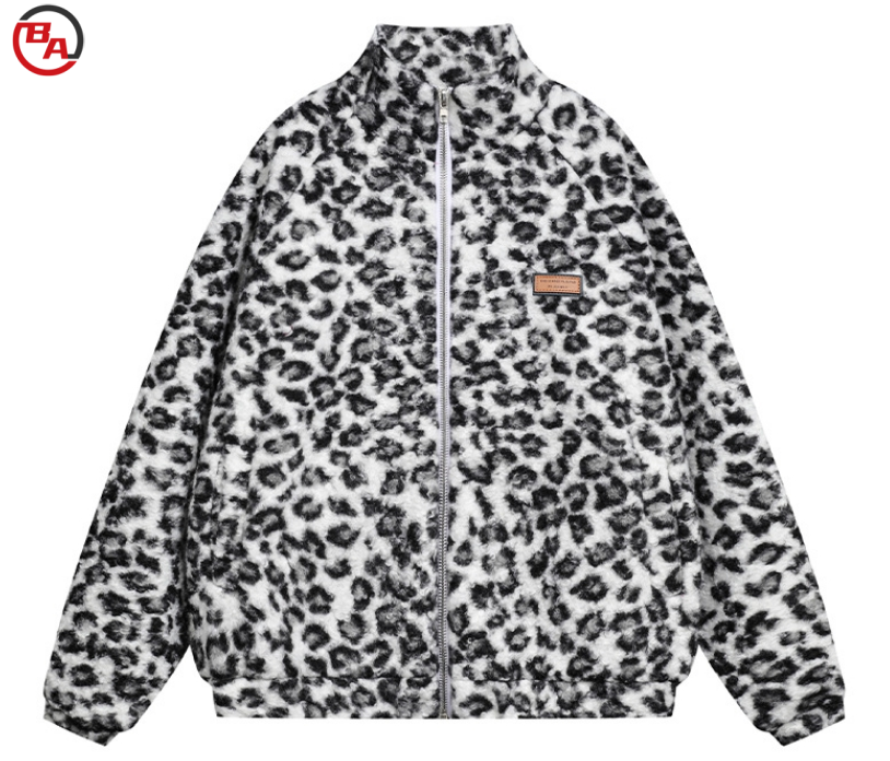 ApparelCustomFactoryWomen'sWinterFuzzySherpaCoatsLongSleeveLeopardPrintFleeceJacket