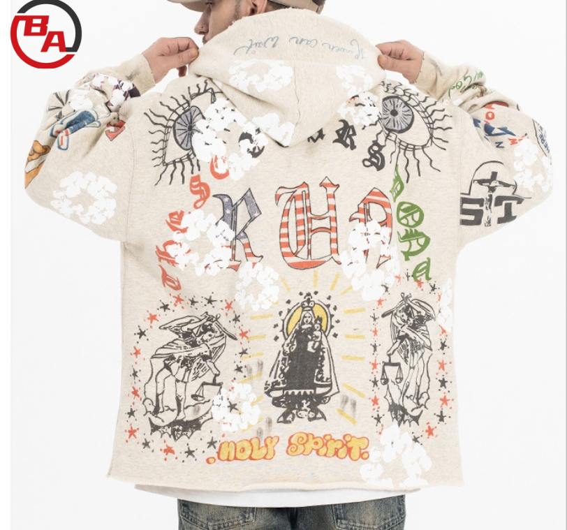 ApparelCustomFactoryMen'sFleeceHoodiesGraffitiPrintRawHemSweatshirtWithHole2