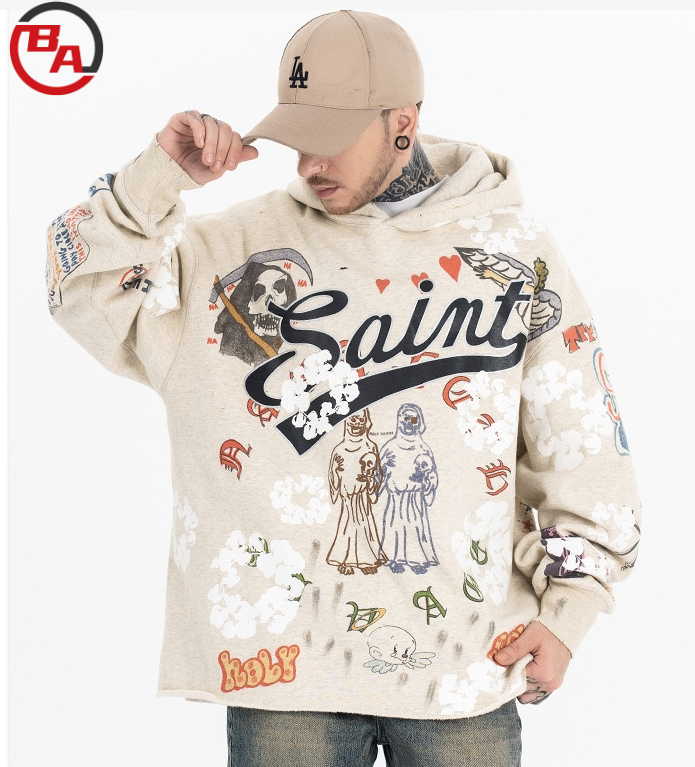 ApparelCustomFactoryMen'sFleeceHoodiesGraffitiPrintRawHemSweatshirtWithHole