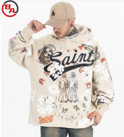 ApparelCustomFactoryMen'sFleeceHoodiesGraffitiPrintRawHemSweatshirtWithHole