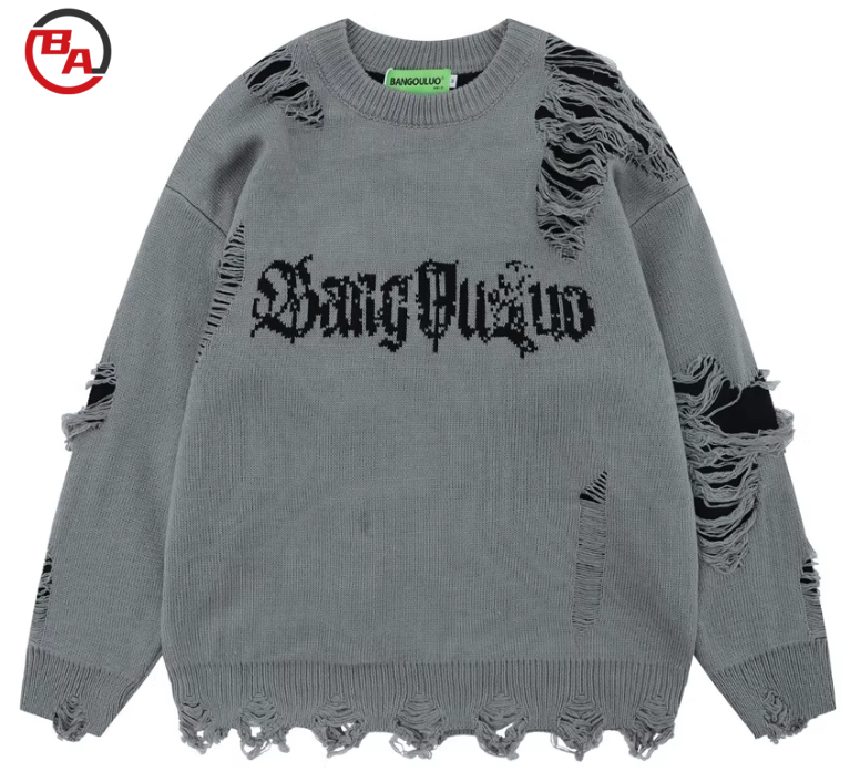 ApparelCustomFactoryMen'sRoundNeckSweaterLooseOversizedStripedRippedPulloverKnitSweaters2