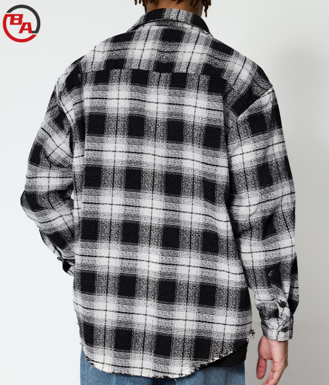 CustomApparelVendorUnisexPlaidWorkwearShirtJacketLooseWoolenLongSleeveButtonDown4