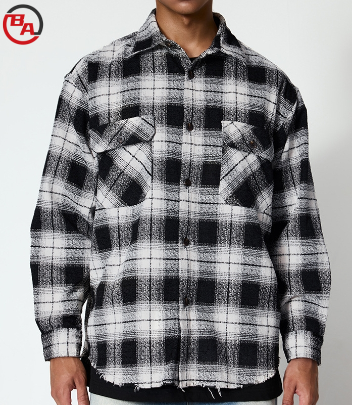 CustomApparelVendorUnisexPlaidWorkwearShirtJacketLooseWoolenLongSleeveButtonDown2