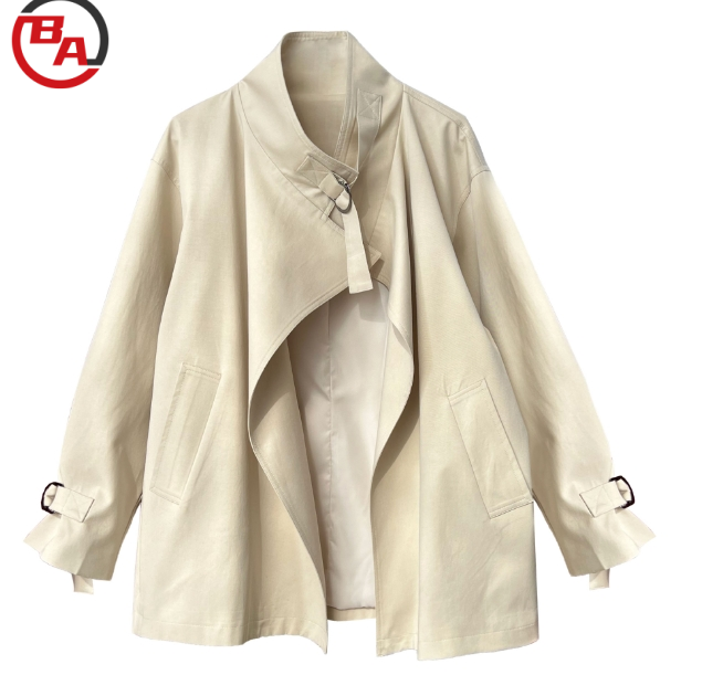 ApparelCustomVendorWomen'sStandCollarLooseShortD-buttonOpen-styleTrenchCoat8