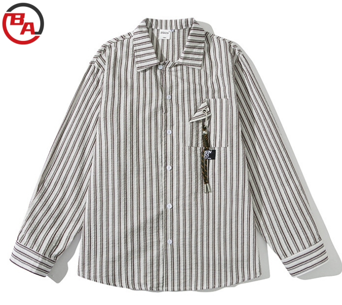 OEMApparelFactoryUnisexVerticalStripedLapelShirtRetroLongSleeveLooseCasualTop