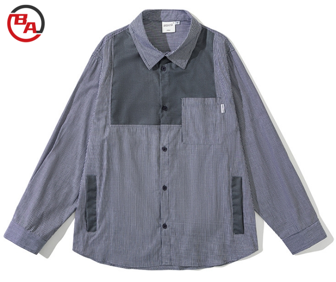 CustomApparelFactoryLongSleeveButtonDownShirtwithPocketCasualShirtsWorkShirtsPaneledStripedTop