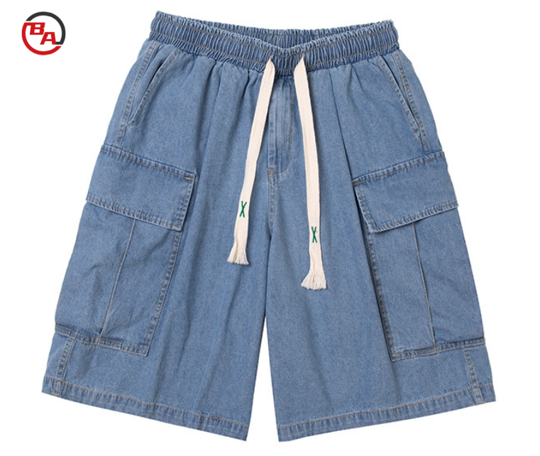 CustomApparelVendorMen'sMulti-PocketBeltWashedDenimShortsCasualStraightPants2