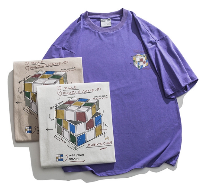 ApparelCustomFactorySolidColorBackMagicCubePrintONeckT-shirtLooseShortSleevesTop
