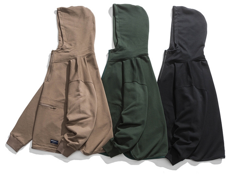 CustomApparelFactorySolidColorHemZipperPocketHoodedSweatshirtLooseTop6