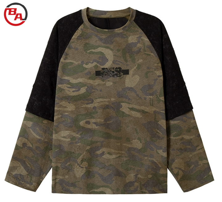 CustomApparelVendorMen'sFakeTwo-pieceRoundNeckSweatshirtRetroCamouflagePulloverTee
