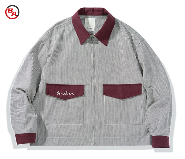 OEMApparelVendorVerticalStripeEmbroideryContrastLapelCoatUnisexJacket
