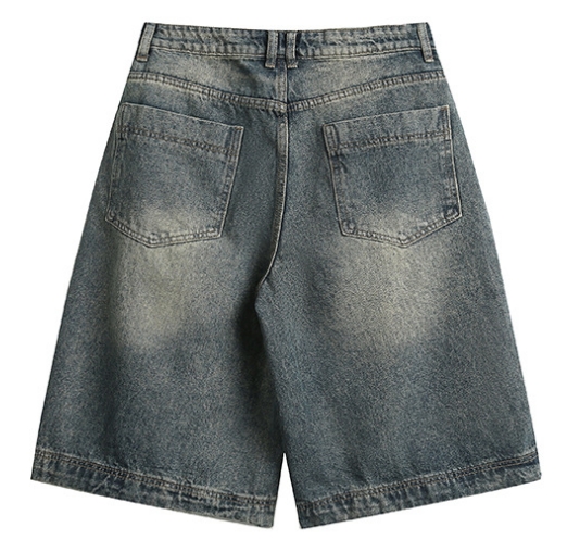 ApparelCustomFactoryMen'sPatchWashedDistressedDenimShortsKneeLengthStraightLooseJean1