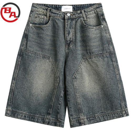 ApparelCustomFactoryMen'sPatchWashedDistressedDenimShortsKneeLengthStraightLooseJean