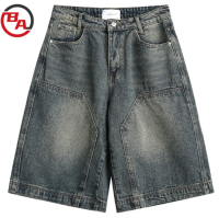 ApparelCustomFactoryMen'sPatchWashedDistressedDenimShortsKneeLengthStraightLooseJean