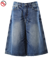 CustomApparelFactoryDenimShortsHighWaistDistressedLooseCasualStraightJeanswithPatch