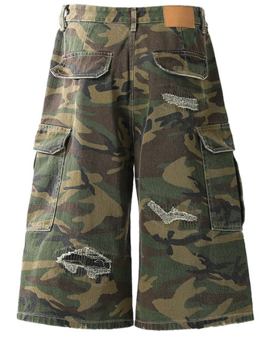 ApparelCustomSupplierCamouflageRippedCargoShortsPatchLooseVintageWashWideLegCroppedPants2