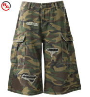 ApparelCustomSupplierCamouflageRippedCargoShortsPatchLooseVintageWashWideLegCroppedPants