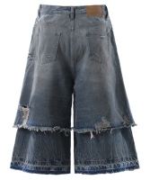 CustomApparelVendorWashedDistressedJeansLayeredFakeTwo-pieceLooseDenimShorts2
