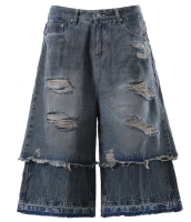 CustomApparelVendorWashedDistressedJeansLayeredFakeTwo-pieceLooseDenimShorts
