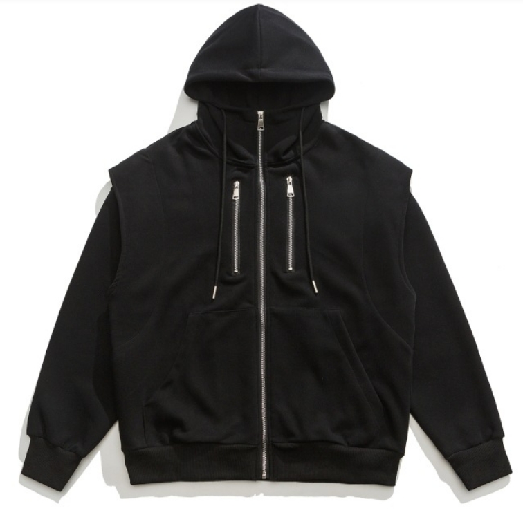 CustomApparelFactoryMen'sFakeTwo-PieceHoodedJacketZipperDecoratedCardiganSweatshirt2