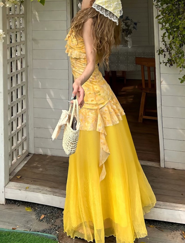 ApparelFactoryforSmallBusinessWomen'sRuffledFloralDresswithWaistIrregularV-neckSleevelessDress1