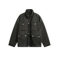 SmallQuantityApparelFactoryHeavyWashedWorkJacketMulti-PocketLooseCargoStandCollarCoat