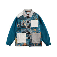 CustomApparelSupplierPrintedCorduroyPatchworkJacketMen'sArtCoatwithPocket